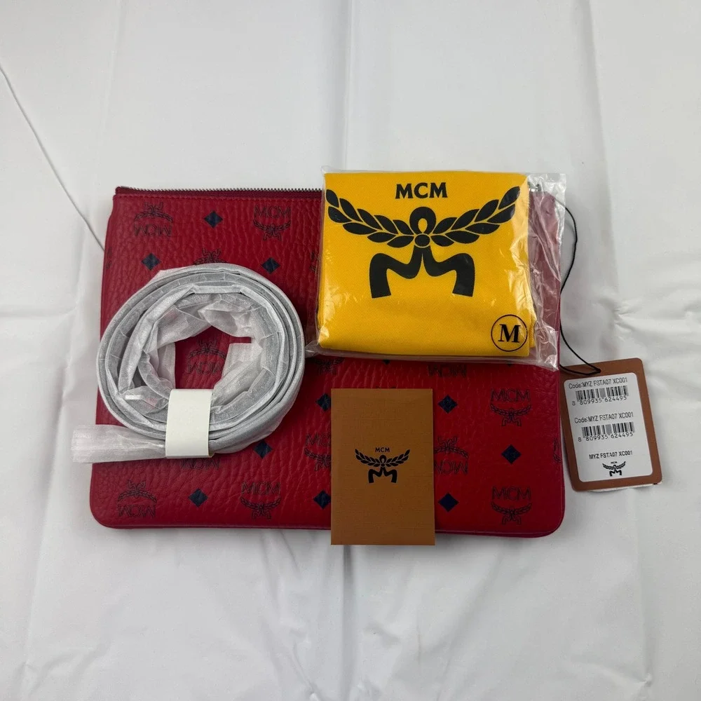MCM Visetos Monogram Red Leather Clutch Crossbody Bag MYZ FSTA07 XC001 - Picture 3 of 11